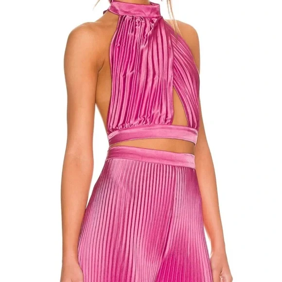 NWT L'idee Elegant Hot Pink Pleated Wide Leg Pant + Halter Top Set